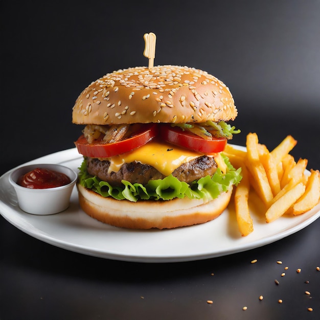 Vurger in white plate with fries hyperrealstic blacK background