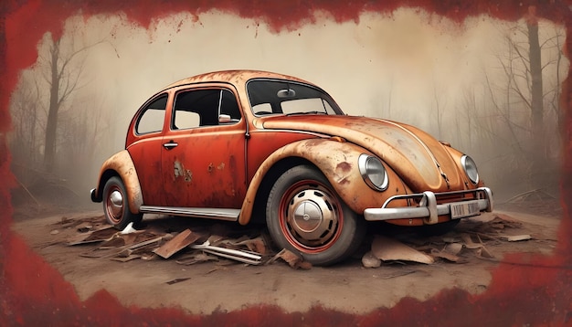 vw beetle vintage poster in the style of rustic simplicity gritty reportage kombuchapunk rusty d