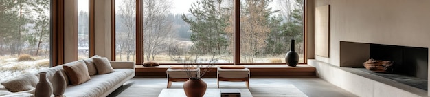 Photo wabisabi living room with tall windows in winter landscape norway