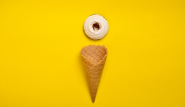 Wafer horn and marshmallow cookies, top view, flat lay, minimalist trend