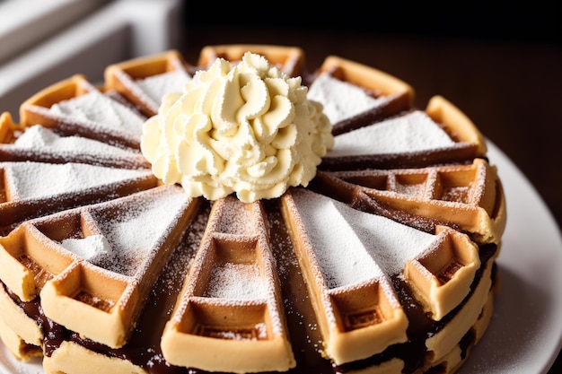 A waffle cake with whipped cream on top.