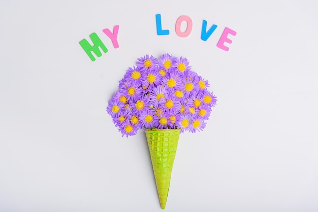 waffle cone with flowers alpine aster on a white background concept valentine's day, my love. 