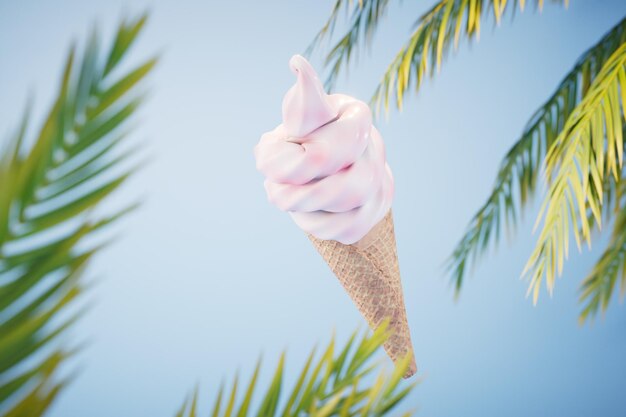 Waffle cone with ice cream on a blue background with palm leaves 3D render