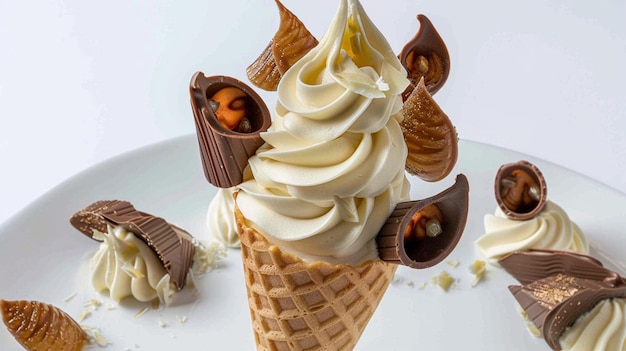 a waffle cone with ice cream and a chocolate cone on top of it