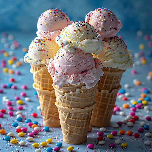 a waffle cone with multiple scoops of ice cream in assorted flavors