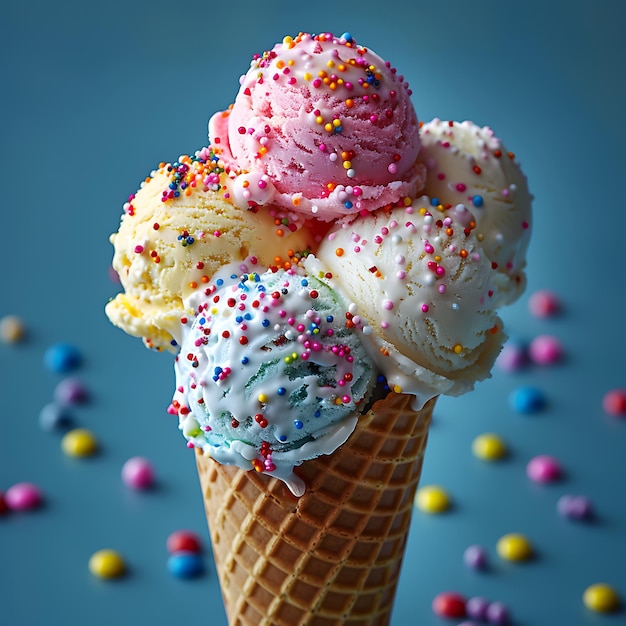 a waffle cone with multiple scoops of ice cream in assorted flavors