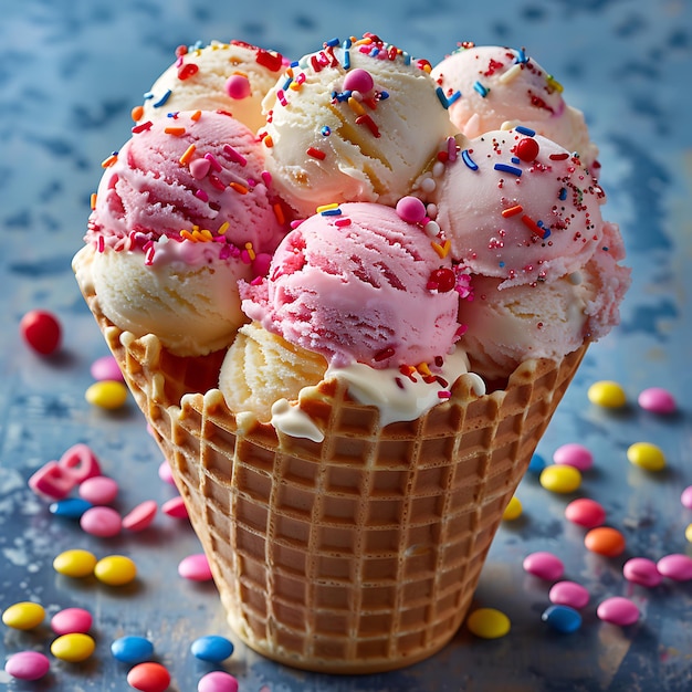 a waffle cone with multiple scoops of ice cream in assorted flavors