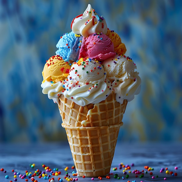 a waffle cone with multiple scoops of ice cream in assorted flavors