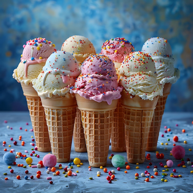 a waffle cone with multiple scoops of ice cream in assorted flavors