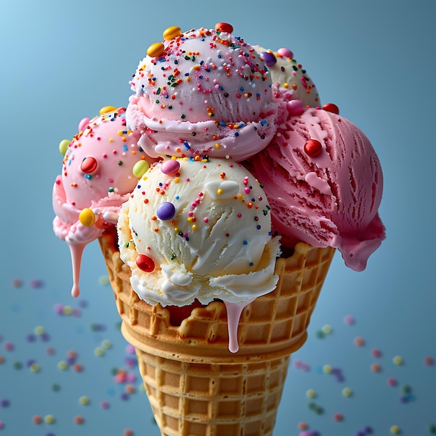 a waffle cone with multiple scoops of ice cream in assorted flavors