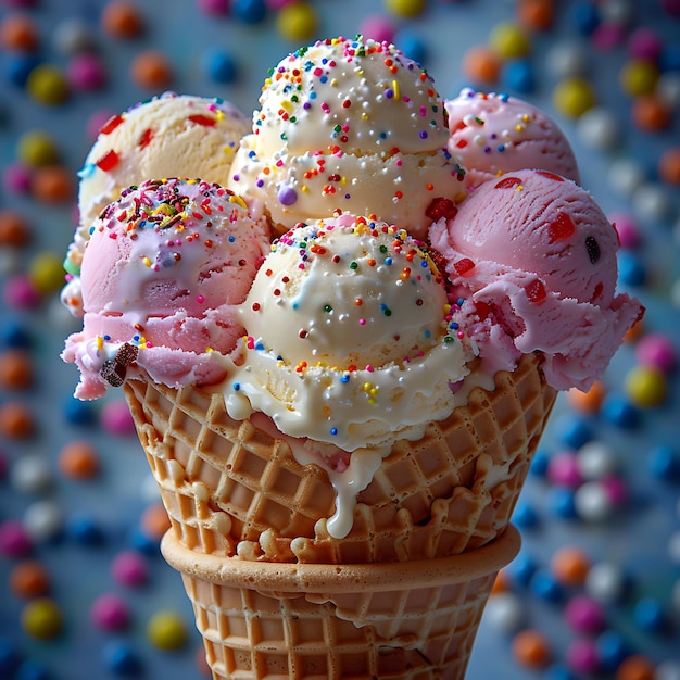 a waffle cone with multiple scoops of ice cream in assorted flavors