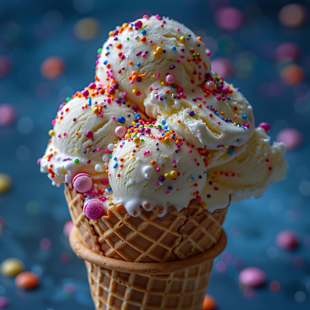 a waffle cone with multiple scoops of ice cream in assorted flavors