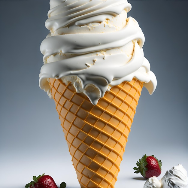 A waffle cone with a strawberry on it and a strawberry on the top.