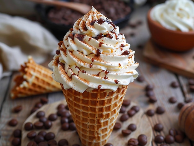 Waffle Cone with Whipped Cream and Chocolate Drizzle