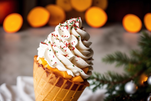 A waffle cone with whipped cream and sprinkles on it