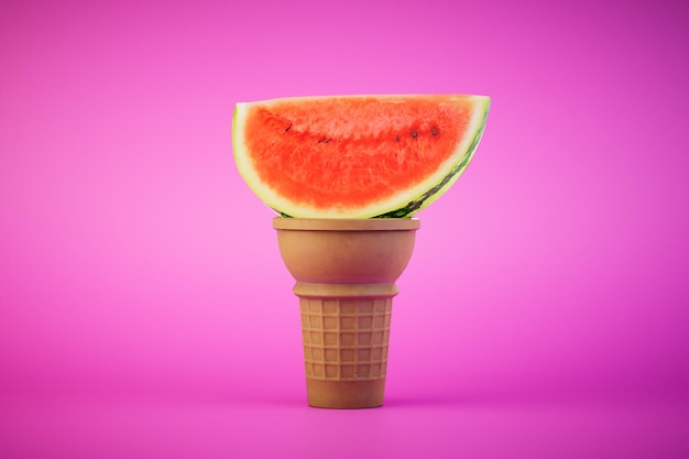 Waffle cup with a slice of watermelon on a pink background 3D render