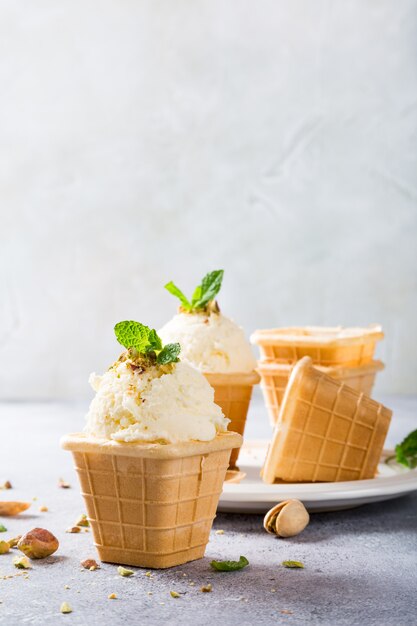 Waffle cups with vanilla ice cream