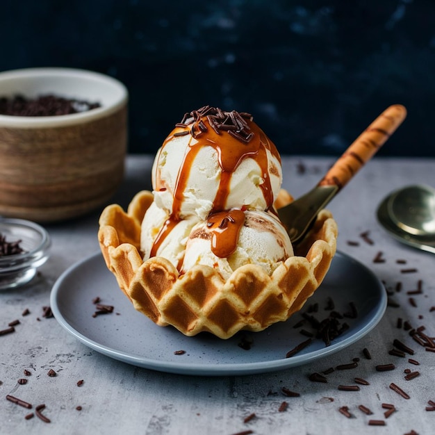 Photo a waffle ice cream cone with chocolate syrup and a spoon