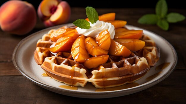 A waffle topped with sliced peaches on a plate