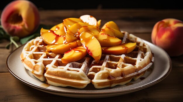 A waffle topped with sliced peaches on a plate