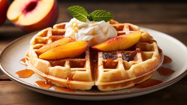 a waffle topped with sliced peaches on a plate