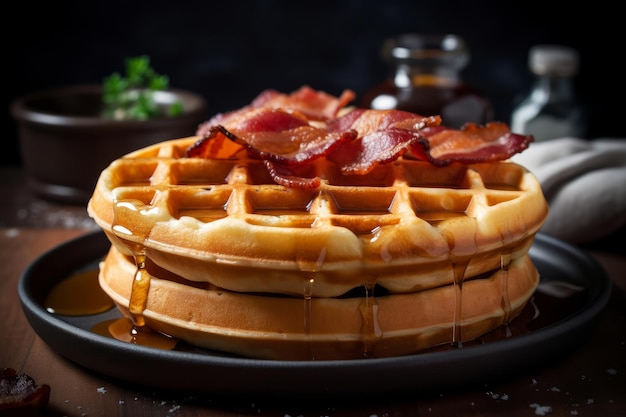 A waffle with bacon on it and a bottle of maple syrup on the side.