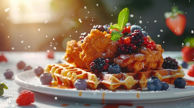 Photo a waffle with berries and a green leaf on top of it