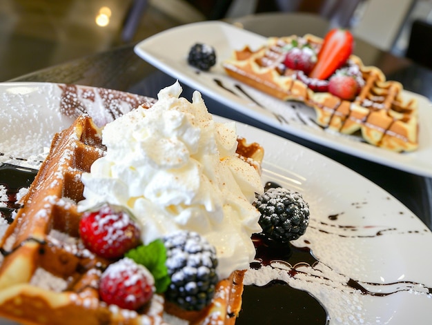 Photo a waffle with berries and whipped cream sits on a table