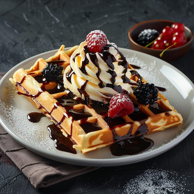 a waffle with chocolate syrup and berries on it