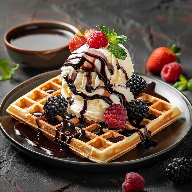 a waffle with chocolate syrup and berries on a plate