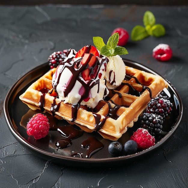 a waffle with chocolate syrup and berries on a plate