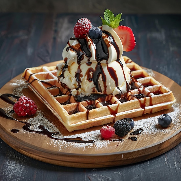 Photo a waffle with chocolate syrup and berries on a wooden plate