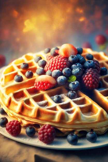 A waffle with fresh berries on it