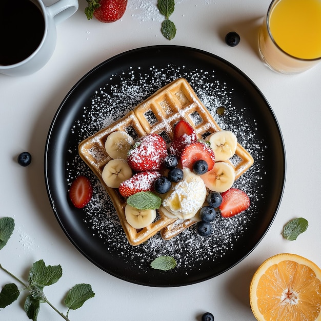 Photo a waffle with powdered sugar and fruit on a black plate