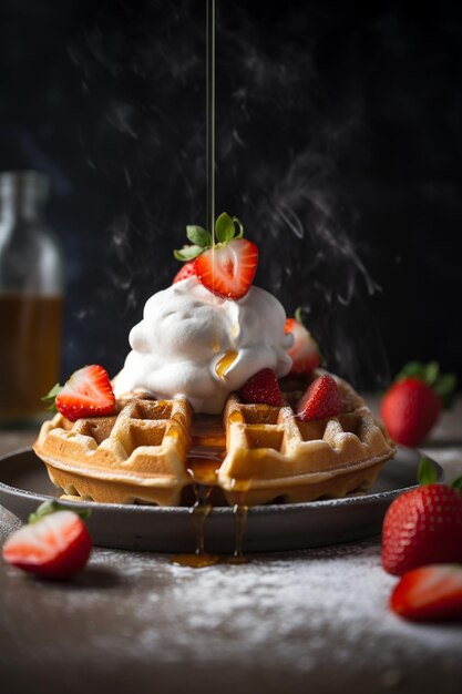 A waffle with strawberries and whipped cream being poured over it.