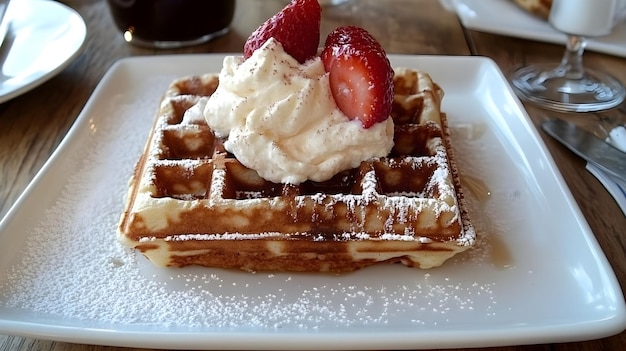 Photo a waffle with strawberries and whipped cream on top of it