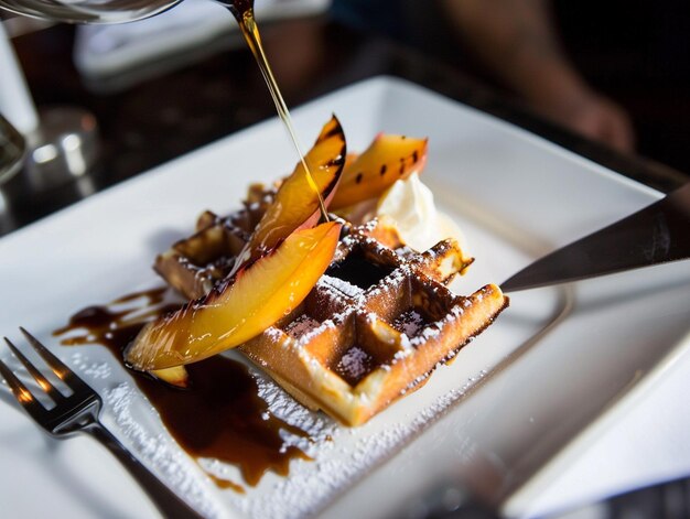 Photo a waffle with syrup being poured over a waffle