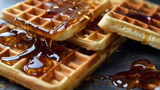 a waffle with syrup on it sits on a table