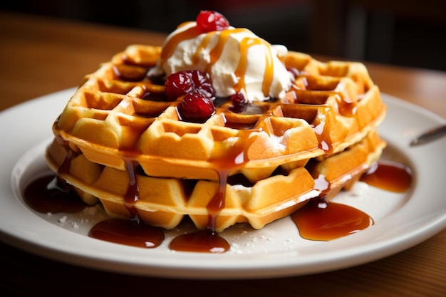 a waffle with syrup and a raspberry on top.