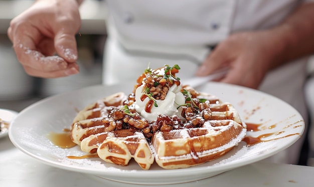 a waffle with syrup and waffles on top of it