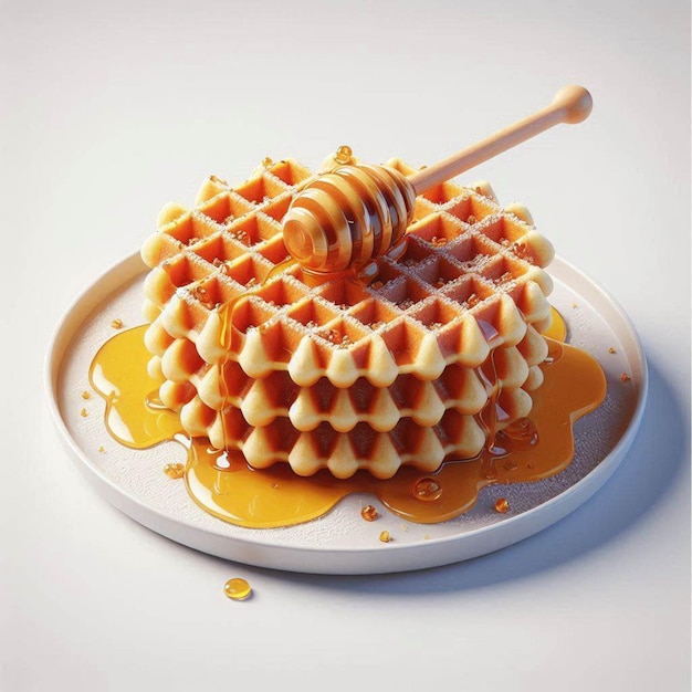 a waffle with syrup and a wooden stick on it