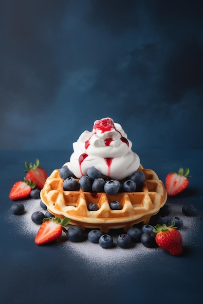 A waffle with whipped cream and blueberries on top