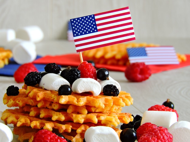 Waffles berries and white marshmallows. Party on July 4.