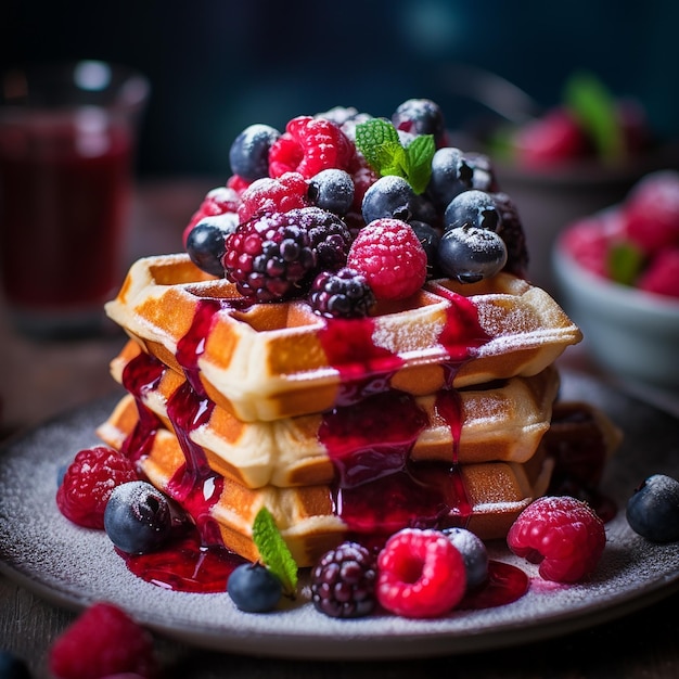 Waffles fruits fresh strawberry blackberry raspberry sweets candy sweet food