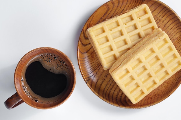 Waffles in plate and coffee