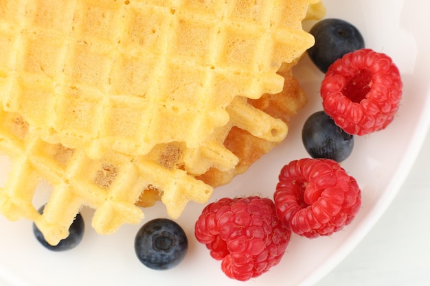 Waffles with berries on a plate closeup