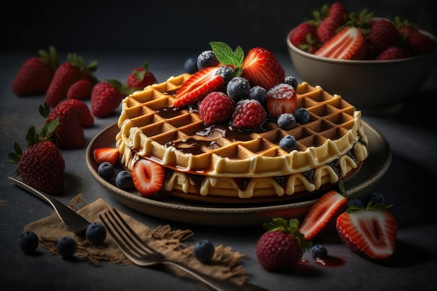 Waffles with berries strawberries AI generation