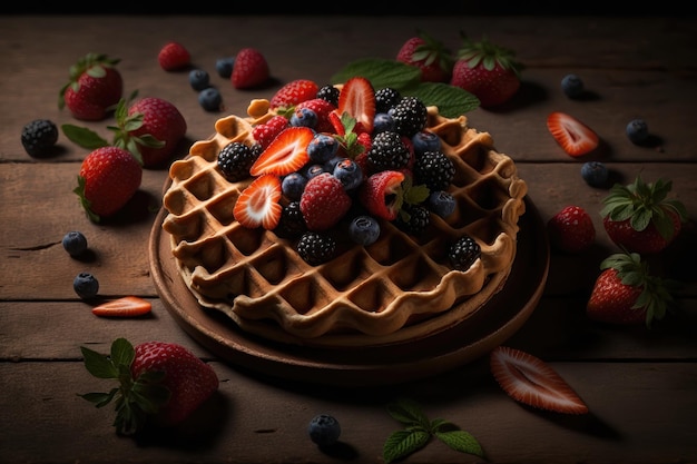 Waffles with berries strawberries AI generation