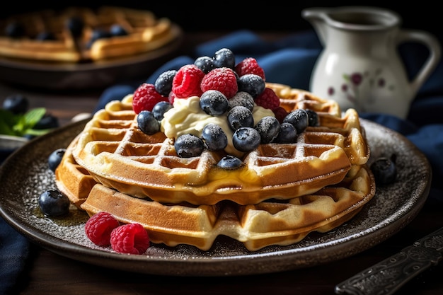 Waffles with berries on top and a cup of coffee in the background