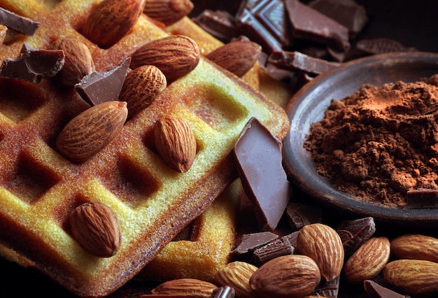 waffles with chocolate and almond nuts close-up.